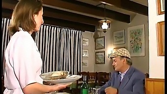 French Brunette Enjoys Threesome In Public Restaurant With Voyeuristic Papy